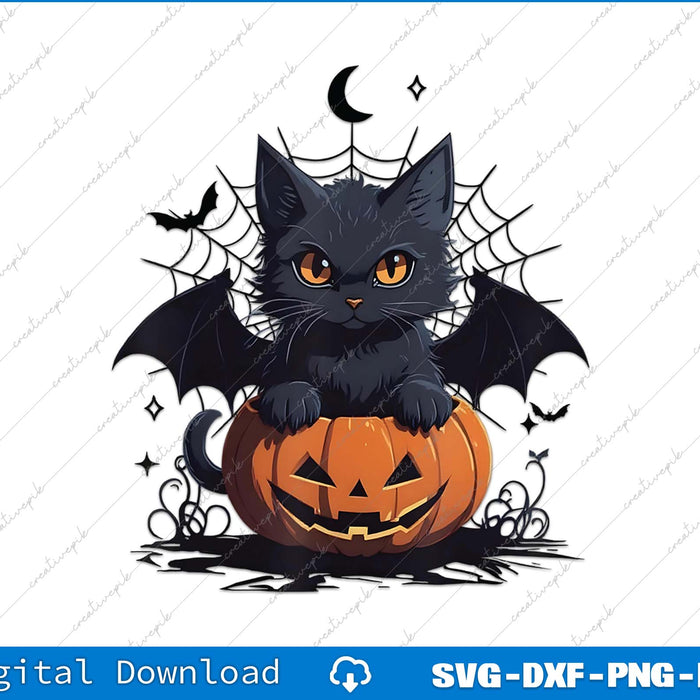 Halloween-themed black cat with bat wings and pumpkin on a white background