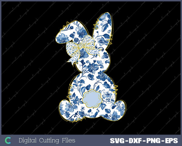 Blue Floral Chinoiserie Bunny Happy Easter SVG PNG Cutting Printable Files