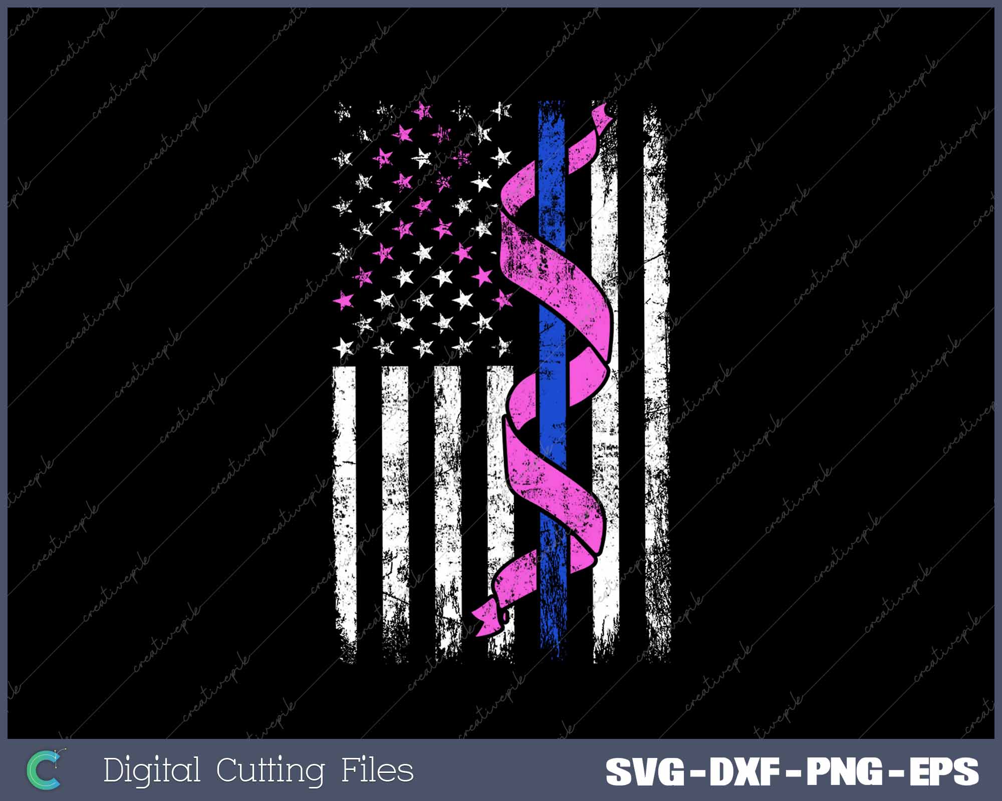 Blue Line Police US Flag Pink Ribbon Breast Cancer Awareness SVG File ...