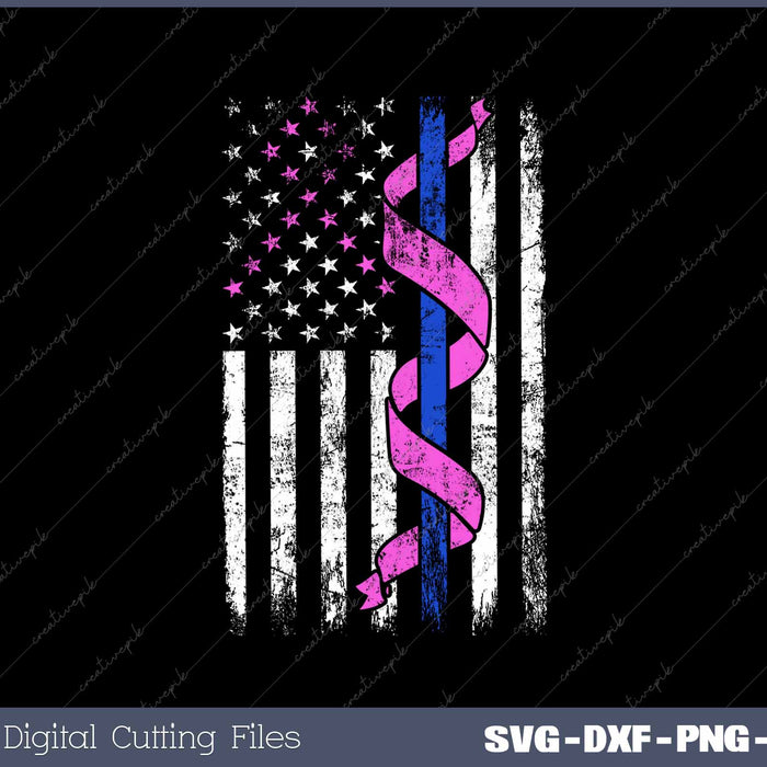 Blue Line Police US Flag Pink Ribbon Breast Cancer Awareness 