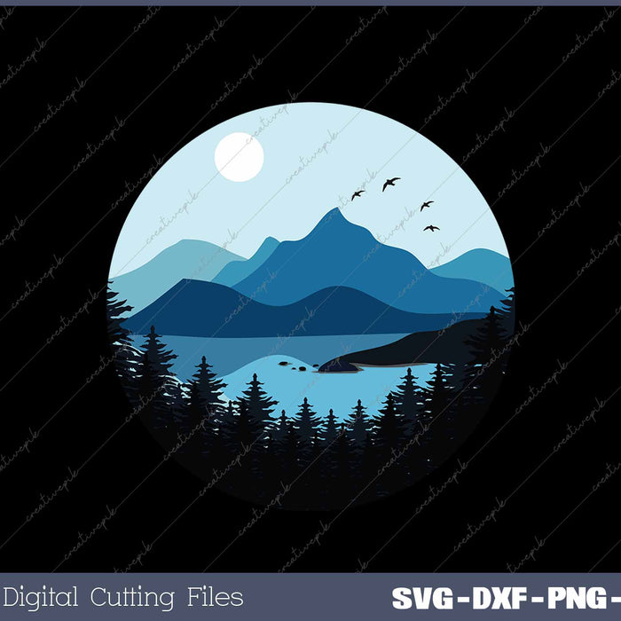 Blue Mountain And Forest Scene Silhouette