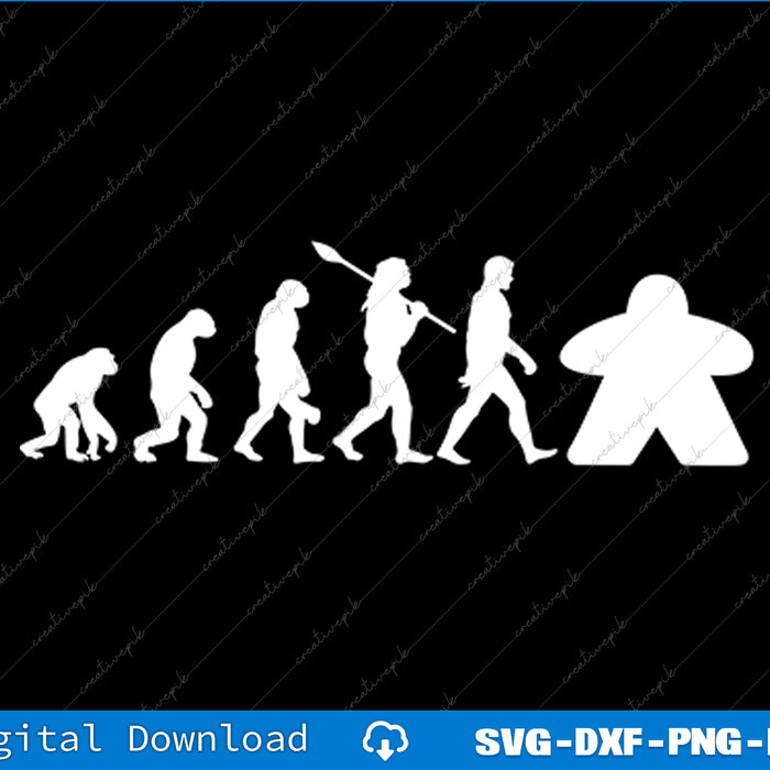 Evolutionary illustration with a Meeples figure on a black background