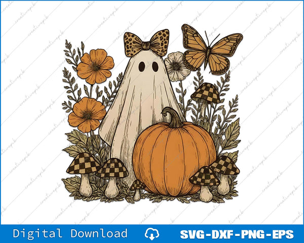 Ghost with bow tie, butterfly, pumpkin, and flowers on a white background