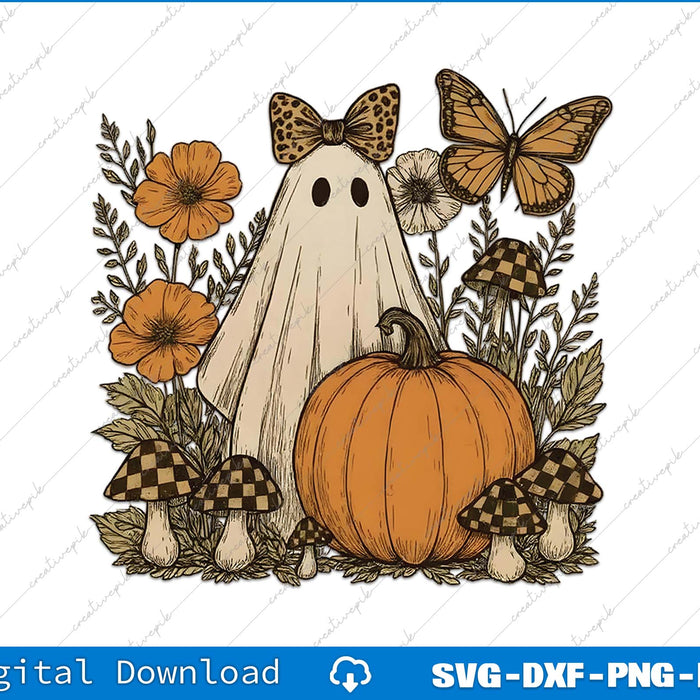 Ghost with bow tie, butterfly, pumpkin, and flowers on a white background