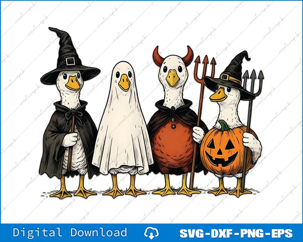 Four cartoon ducks dressed in Halloween costumes on a white background.