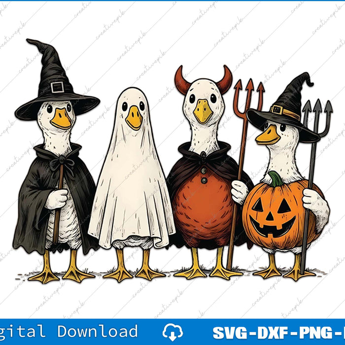 Four cartoon ducks dressed in Halloween costumes on a white background.