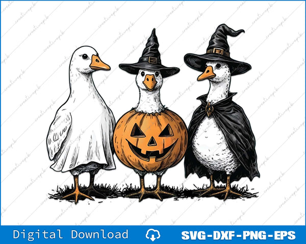 Three ducks in Halloween costumes with a pumpkin, on a white background.