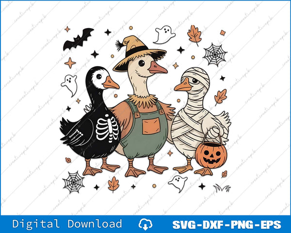 Three cartoon ducks dressed in Halloween costumes on a white background with festive elements.