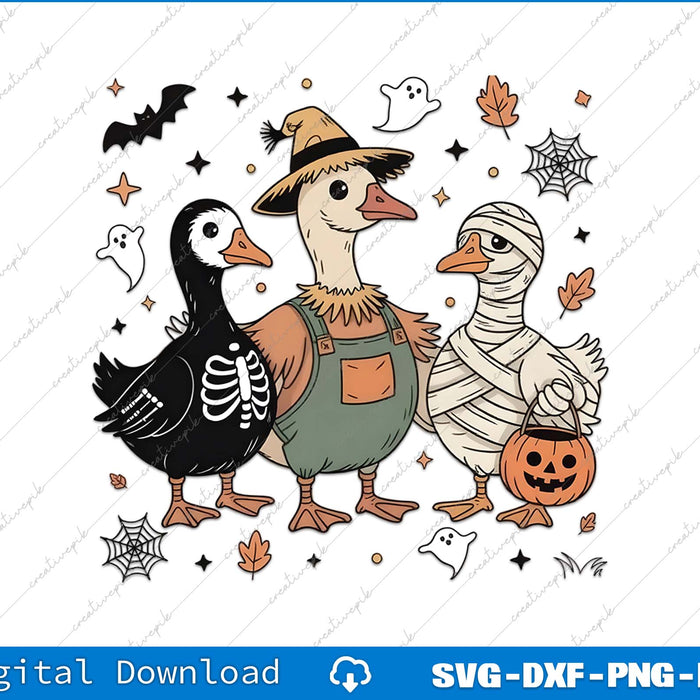 Three cartoon ducks dressed in Halloween costumes on a white background with festive elements.