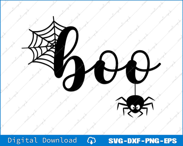 Halloween-themed design with 'boo' text, spider, and spiderweb on a white background.