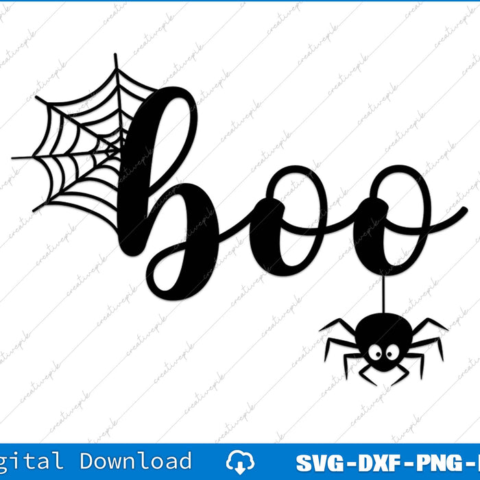 Halloween-themed design with 'boo' text, spider, and spiderweb on a white background.