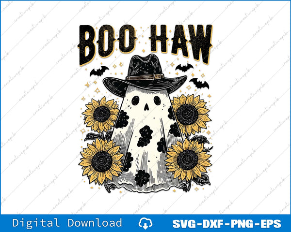 Halloween-themed design with ghost, sunflowers, and 'Boo Haw' text on a white background.