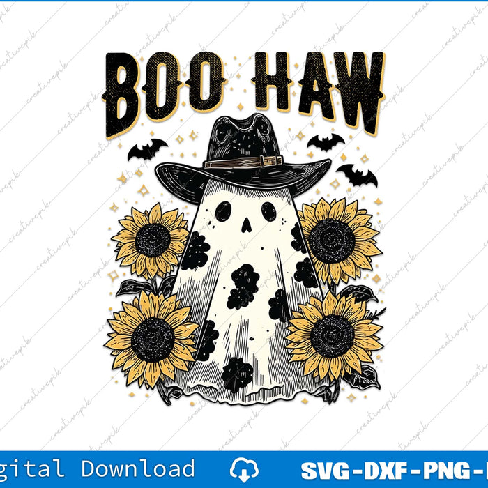 Halloween-themed design with ghost, sunflowers, and 'Boo Haw' text on a white background.