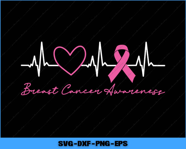 Breast cancer awareness design with pink ribbon and heart rate lines on a black background