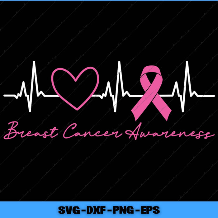 Breast cancer awareness design with pink ribbon and heart rate lines on a black background