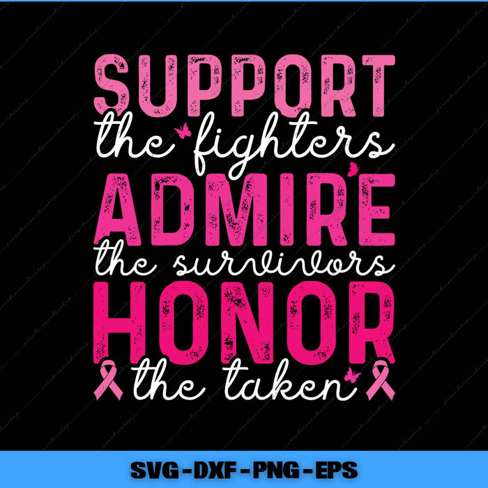 Motivational quote with pink ribbons on a black background, featuring text 'Support the fighters, Admire the survivors, Honor the taken'.
