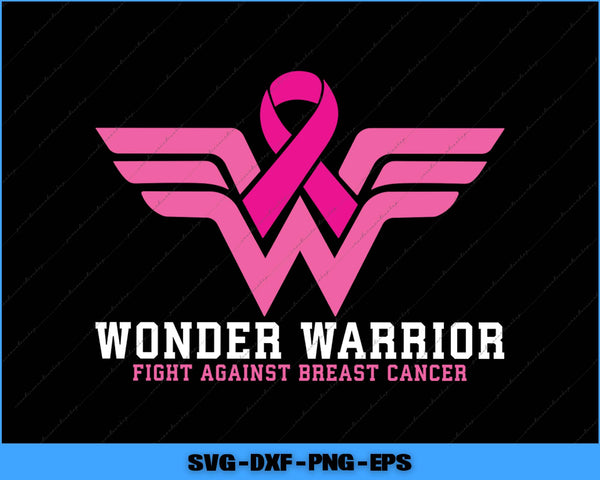 Pink ribbon with wings and 'Wonder Warrior' text on a black background