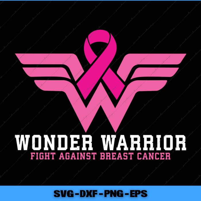 Pink ribbon with wings and 'Wonder Warrior' text on a black background