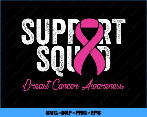 Pink breast cancer awareness ribbon with 'Support Squad' text on a black background