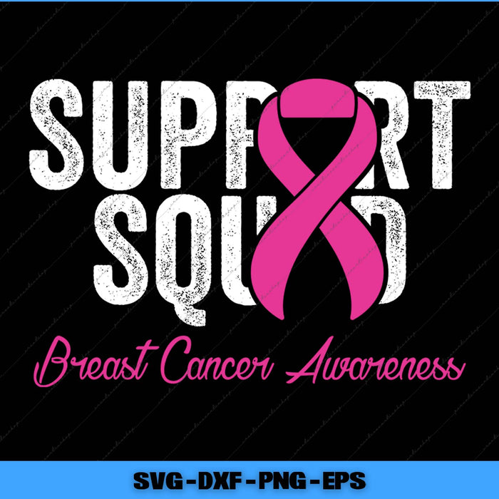 Pink breast cancer awareness ribbon with 'Support Squad' text on a black background