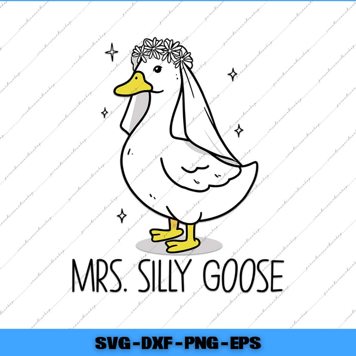 Cartoon goose with a veil and flower crown labeled 'Mrs. Silly Goose' on a white background.