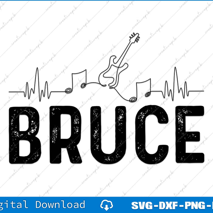 Guitar and music notes design with 'BRUCE' text on a white background