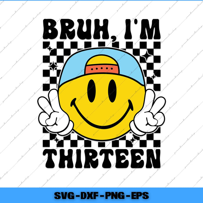 Smiley face with a cap and text 'Bruh, I'm Thirteen' on a checkered background