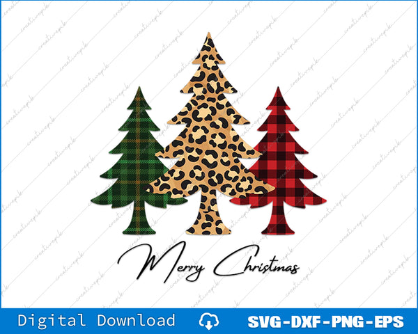 Three Christmas trees with different patterns and 'Merry Christmas' text on a white background.