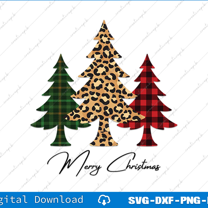 Three Christmas trees with different patterns and 'Merry Christmas' text on a white background.