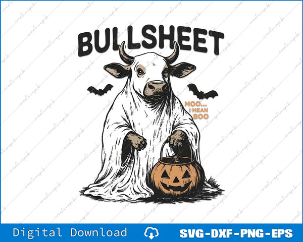Ghostly cow with a pumpkin and Halloween text on a white background