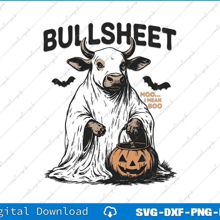 Ghostly cow with a pumpkin and Halloween text on a white background