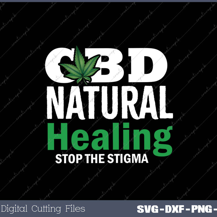 CBD natural healing text with a cannabis leaf on a black background