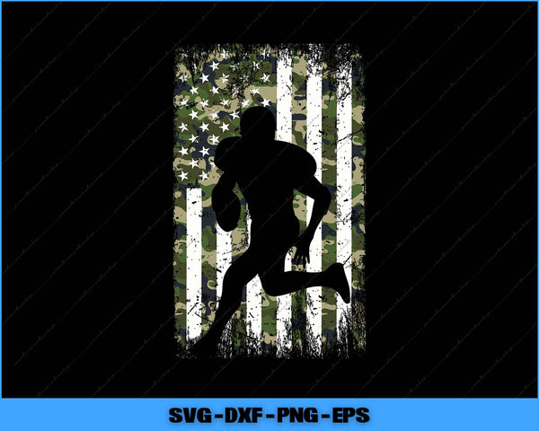 Silhouette of a person running with an American flag in the background, featuring camouflage and white stripes.