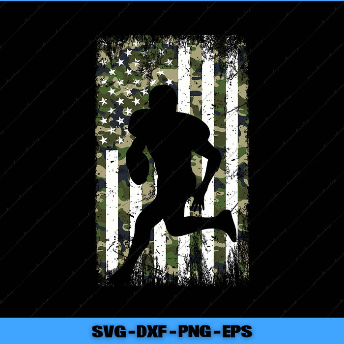 Silhouette of a person running with an American flag in the background, featuring camouflage and white stripes.