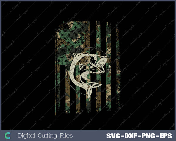 Camouflage American Flag Bass Fishing Gift SVG PNG Cutting Printable Files