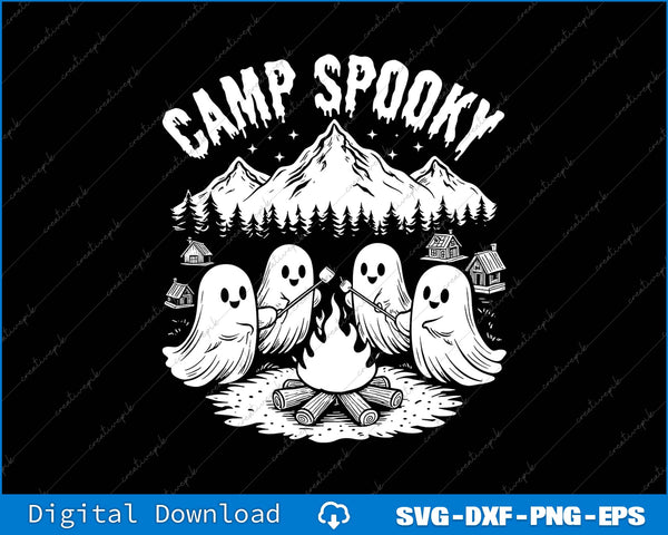 Camp Spooky design with ghosts around a campfire and mountain in the background, suitable for digital download.