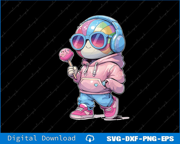Cartoon character with colorful helmet, sunglasses, and pink hoodie holding a lollipop on a black background.