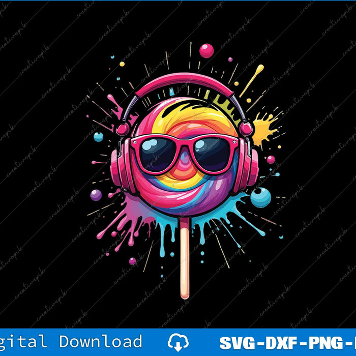 Colorful lollipop with sunglasses and headphones on a black background