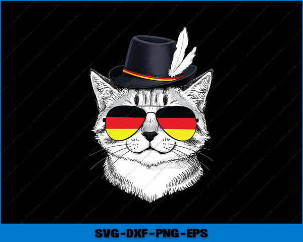 Cat wearing sunglasses with German flag design and a top hat on a black background