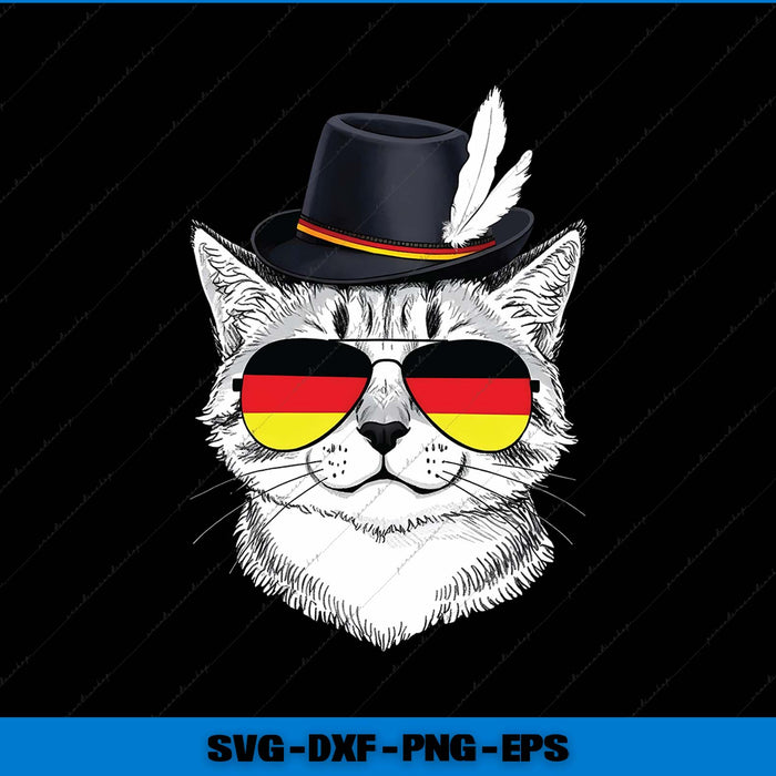 Cat wearing sunglasses with German flag design and a top hat on a black background