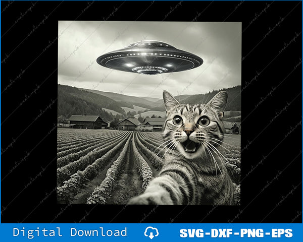 Cat with a UFO over a vineyard, digital download option shown