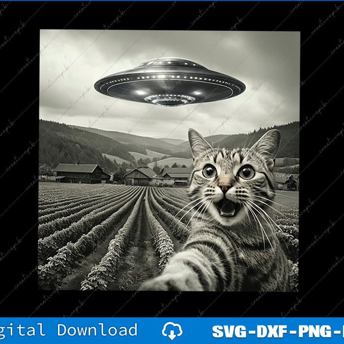 Cat with a UFO over a vineyard, digital download option shown