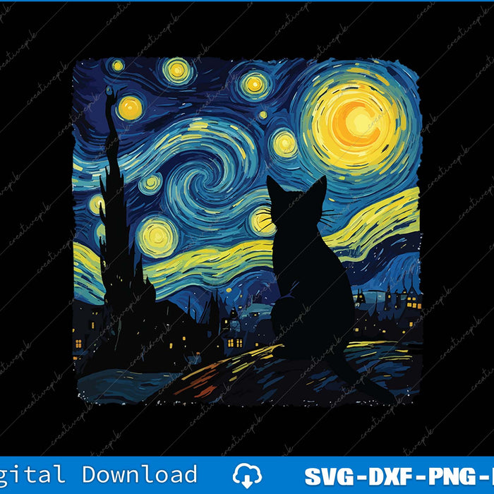 Starry night-inspired design with a cat silhouette, resembling Van Gogh's 'Starry Night'.