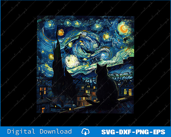 Starry night sky with silhouette of a cat and castle, inspired by famous artwork.