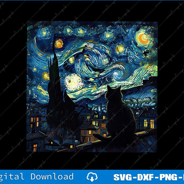 Starry night sky with silhouette of a cat and castle, inspired by famous artwork.