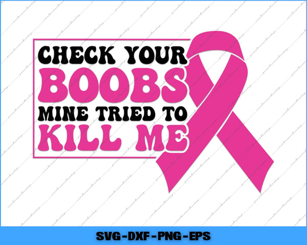 Pink breast cancer awareness ribbon with humorous text on a white background