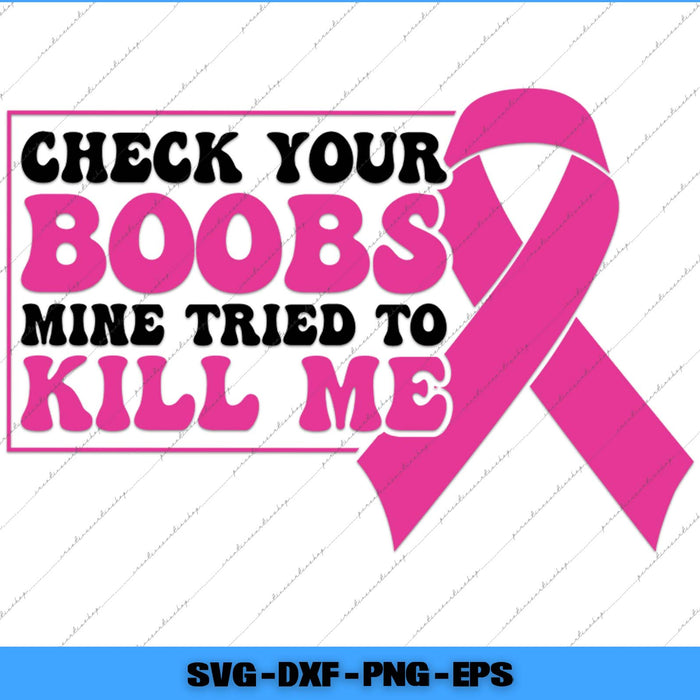 Pink breast cancer awareness ribbon with humorous text on a white background