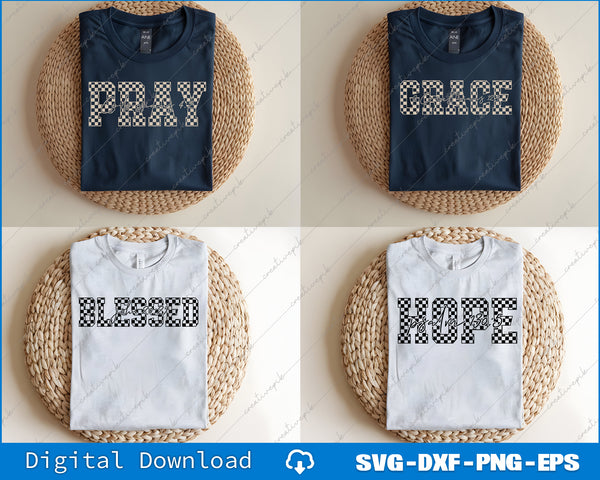 Four folded t-shirts with text 'PRAY', 'GRACE', 'Blessed', and 'HOPE' on a woven mat background.