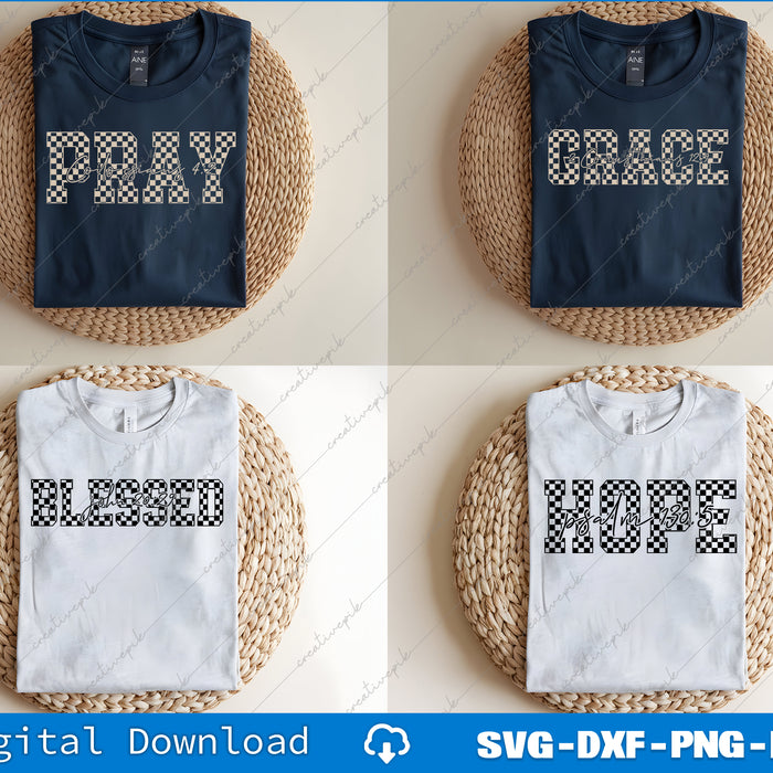 Four folded t-shirts with text 'PRAY', 'GRACE', 'Blessed', and 'HOPE' on a woven mat background.