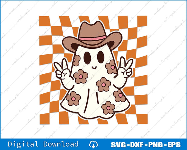Ghost character with a cowboy hat and flowers on a checkered background, digital download options shown.